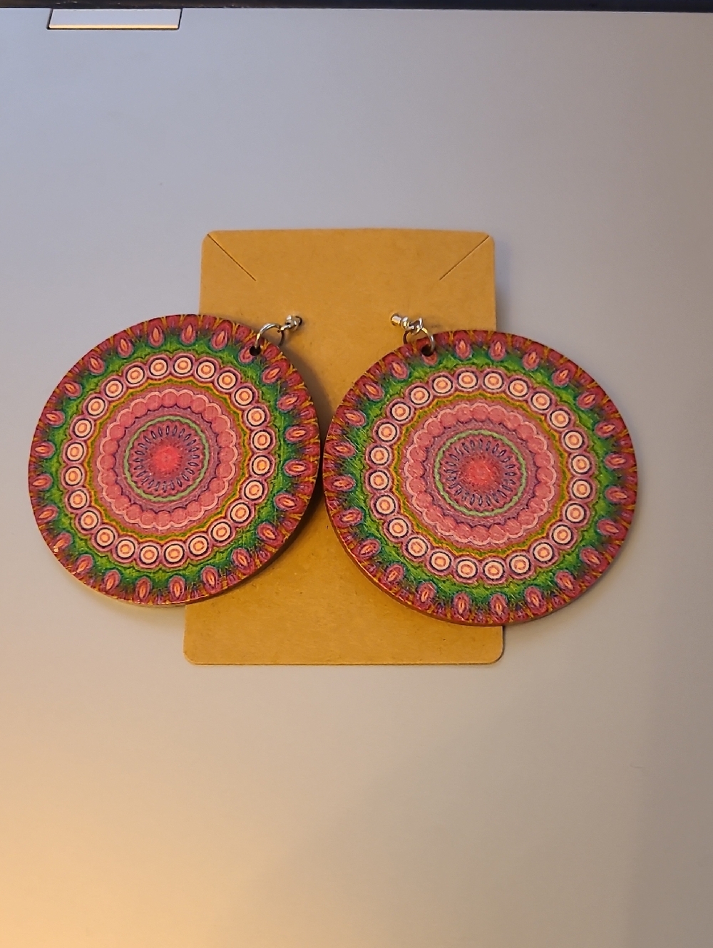 Boho Pink Green Mandala Round Drop Earrings